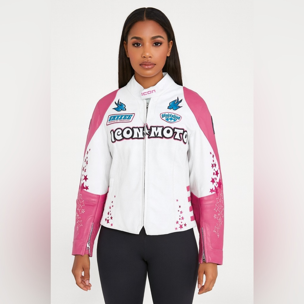 Icon Moto Riding jacket  motorcycle pink & white without liner l@@k size M